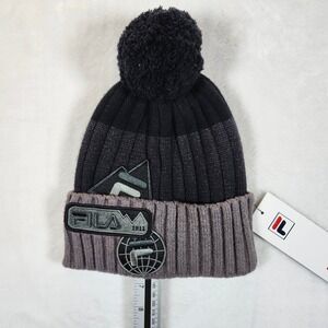 FILA Beanie Pom Pom Winter Hat Black Gray Ribbed‎ Embroidered Logo Unisex